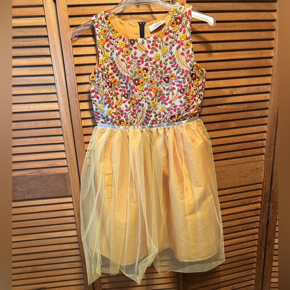 A.T.U.N. Colorful Floral Embroidered Dress with Yellow Tulle Skirt